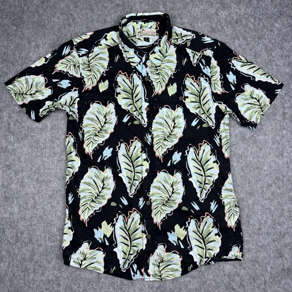 Patagonia Mens Medium Malihini Pataloha Shirt Kalo Ink Black Hawaiian Floral